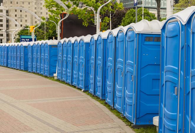 portable restrooms with sink and hand sanitizer stations, available at a festival in Milan IL